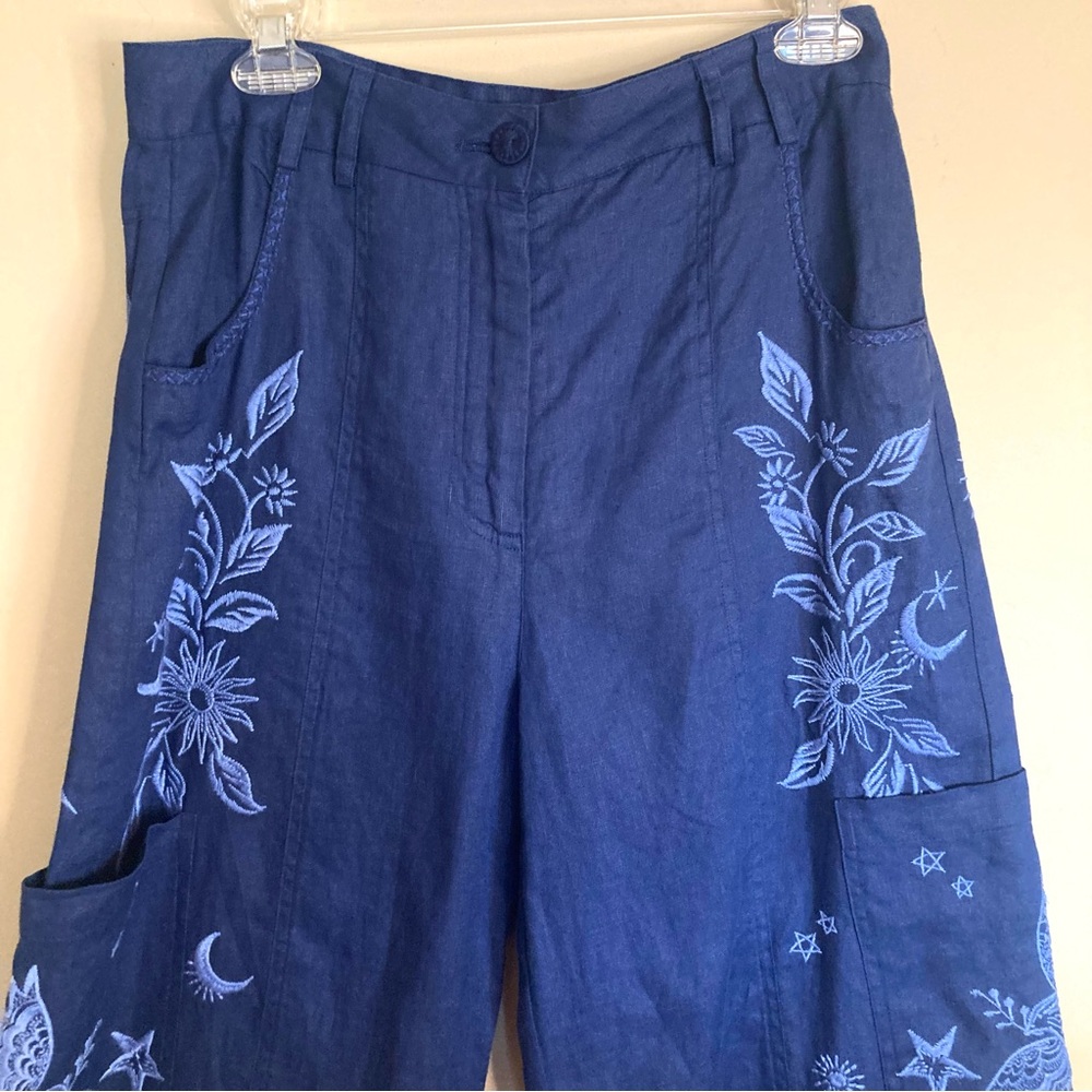 NEW Johnny Was Oleander Wide Leg Cropped Pants Tonal Embroidery Linen Blue S - Picture 7 of 15